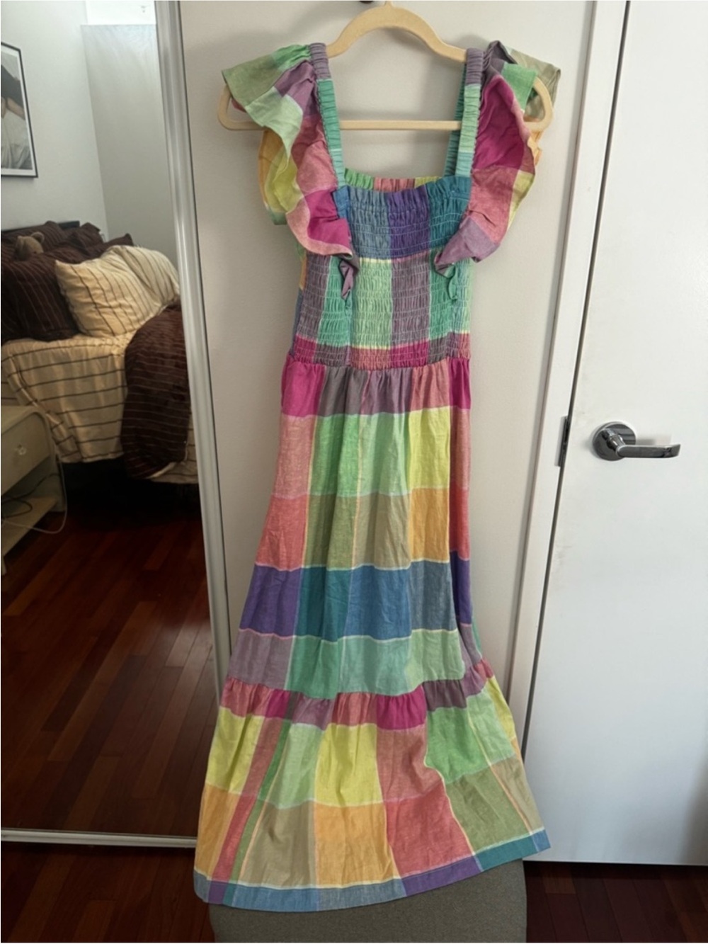 Gap Linen-Blend Colorful Pastel Flutter Sleeve Smocked Midi Dress NWT - Picture 3 of 8